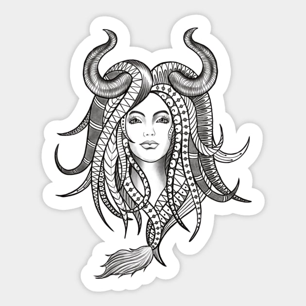 Confident Taurus Woman with Horns and Geometrical Tattoo Design Sticker by Tred85